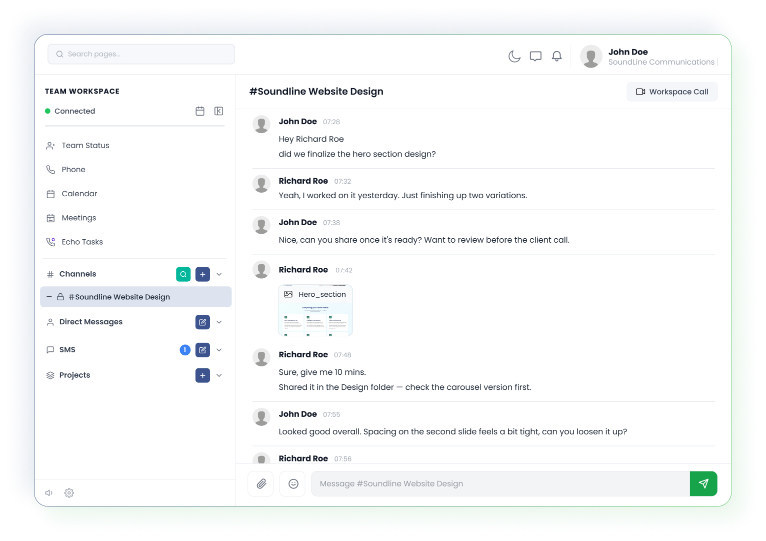 SoundLine team workspace with a project channel conversation