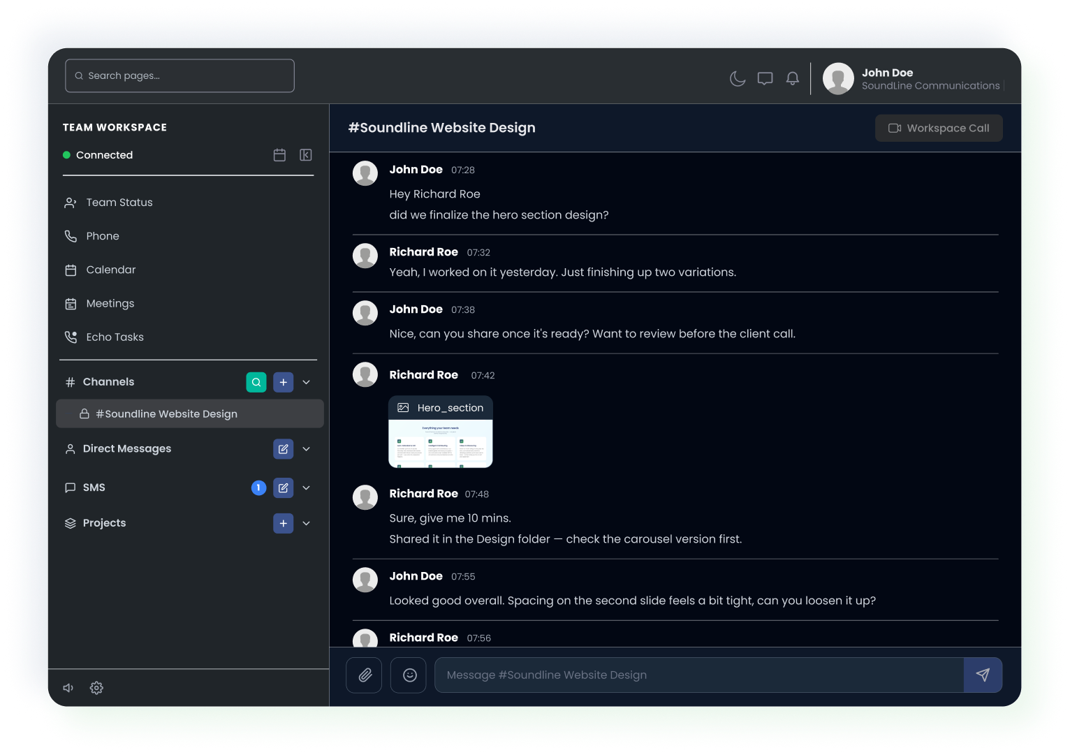 SoundLine team workspace with a project channel conversation